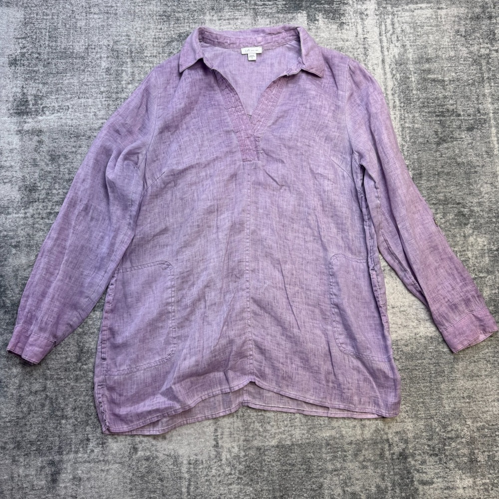 J Jill Love Linen Top Women Medium Tunic Popover Shirt Lavender Roll Tab Coastal